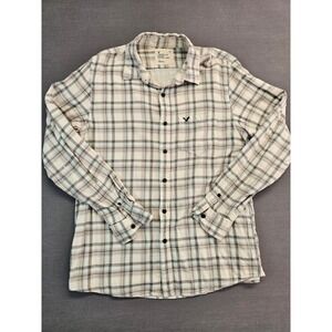 American Eagle Mens Large Plaid Button Down Shirt Long Sleeve Cotton Cream Blue